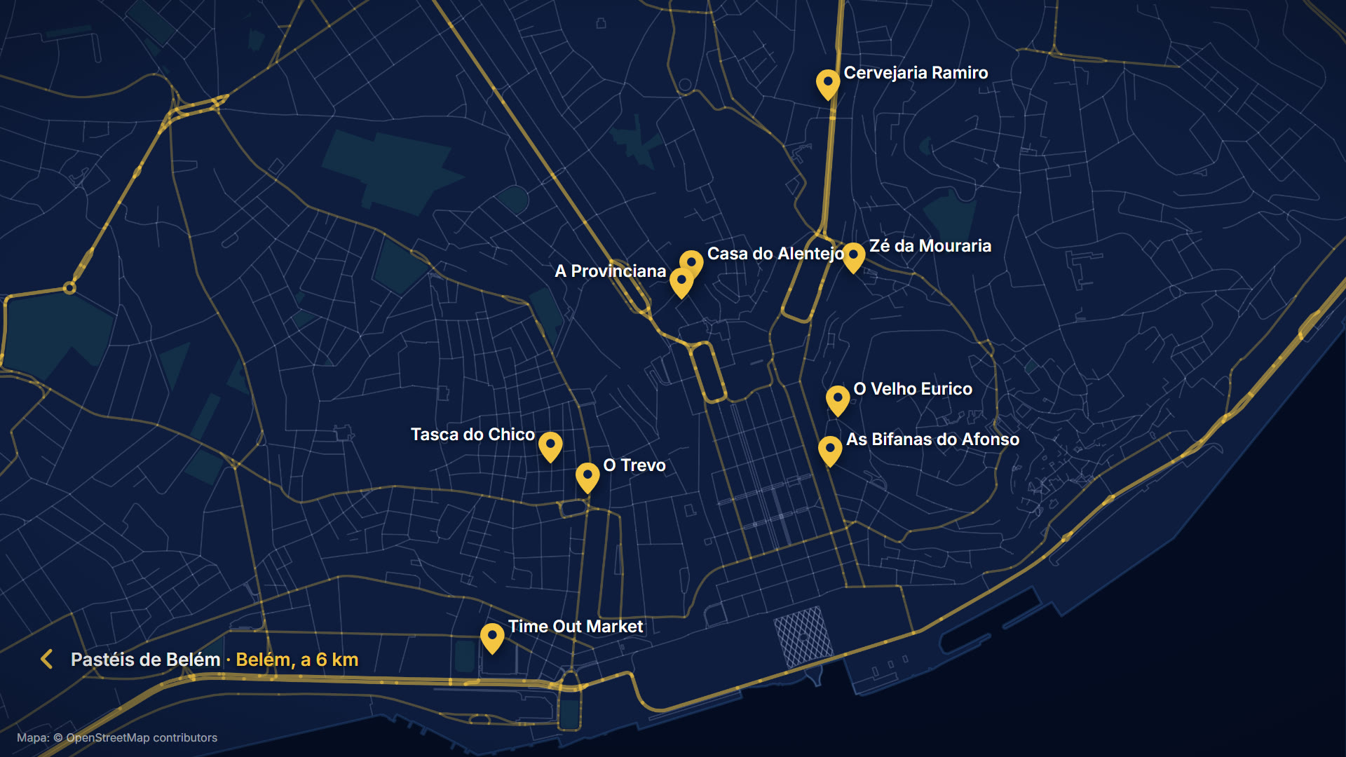Mapa del centro de Lisboa con la ubicación de las tascas y restaurantes recomendados
